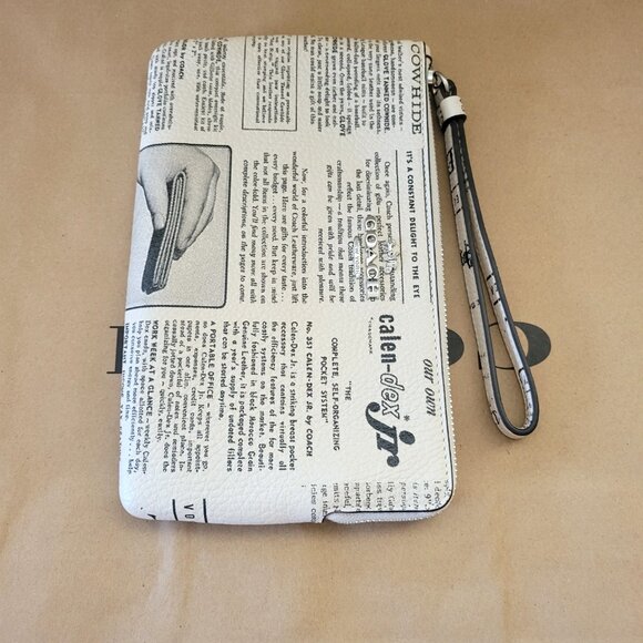 Coach CDE80 Large Corner Zip Newspaper Print Leather Wristlet Clutch Chalk Multi